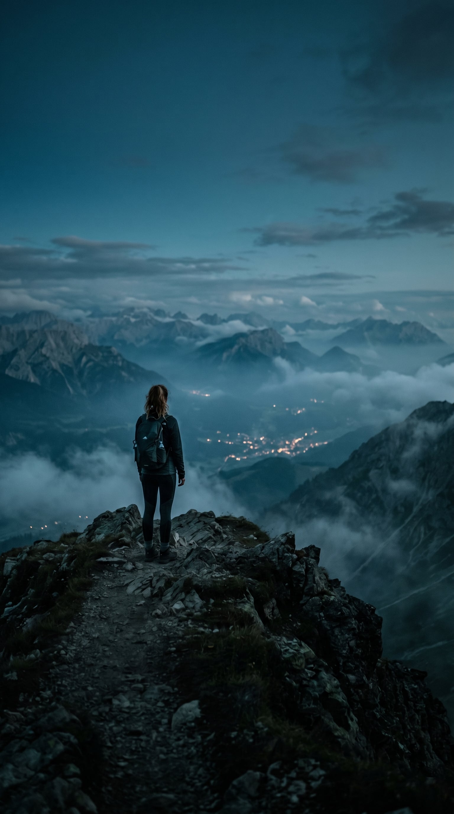 Uma viajante solo numa crista de montanha ao anoitecer, contemplando as luzes distantes do vale — o SafePing zela por você em silêncio.