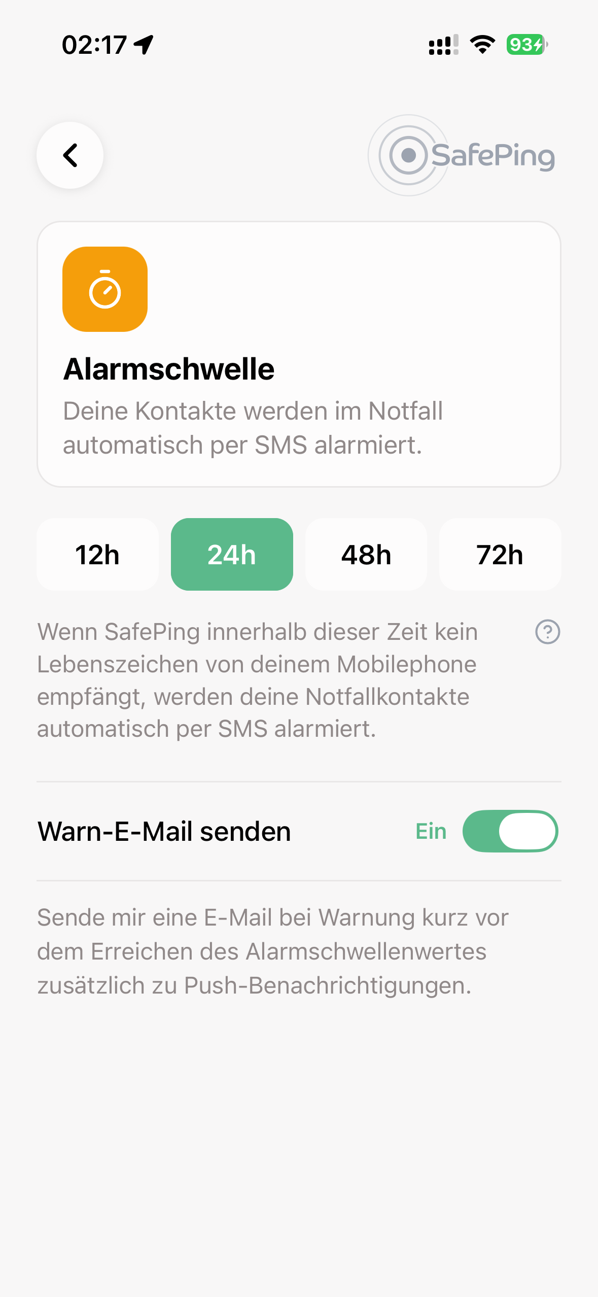 SafePing — Alarmschwelle