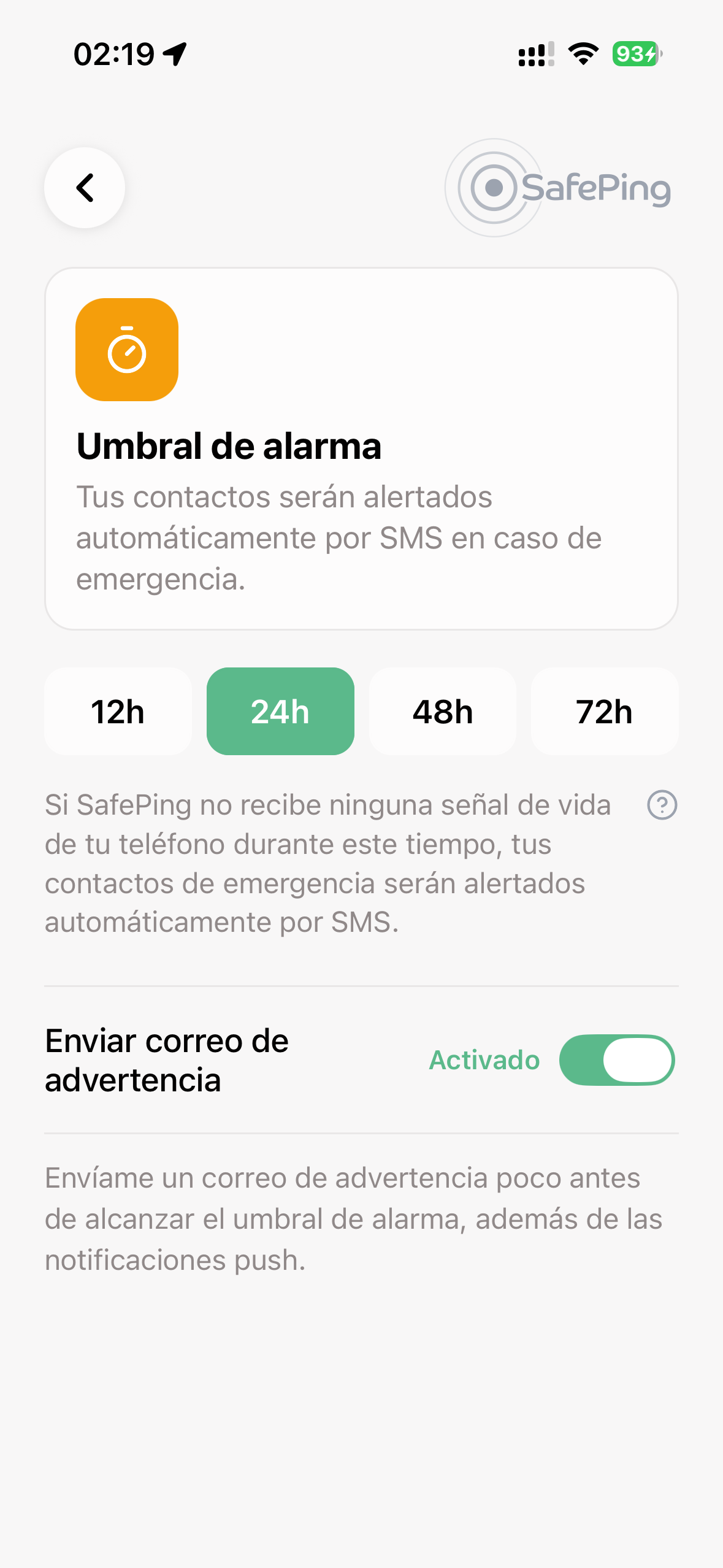 SafePing — Umbral de alarma