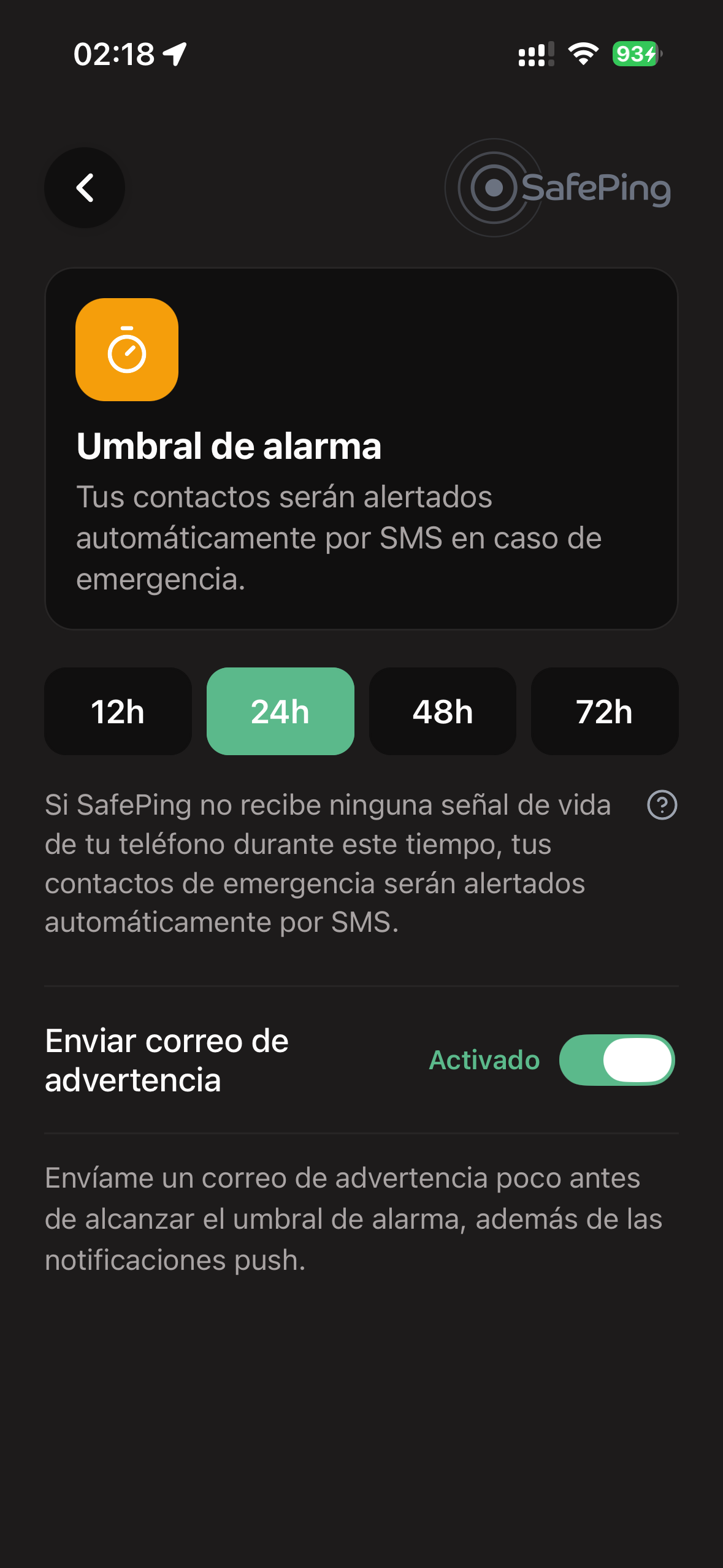 SafePing — Umbral de alarma