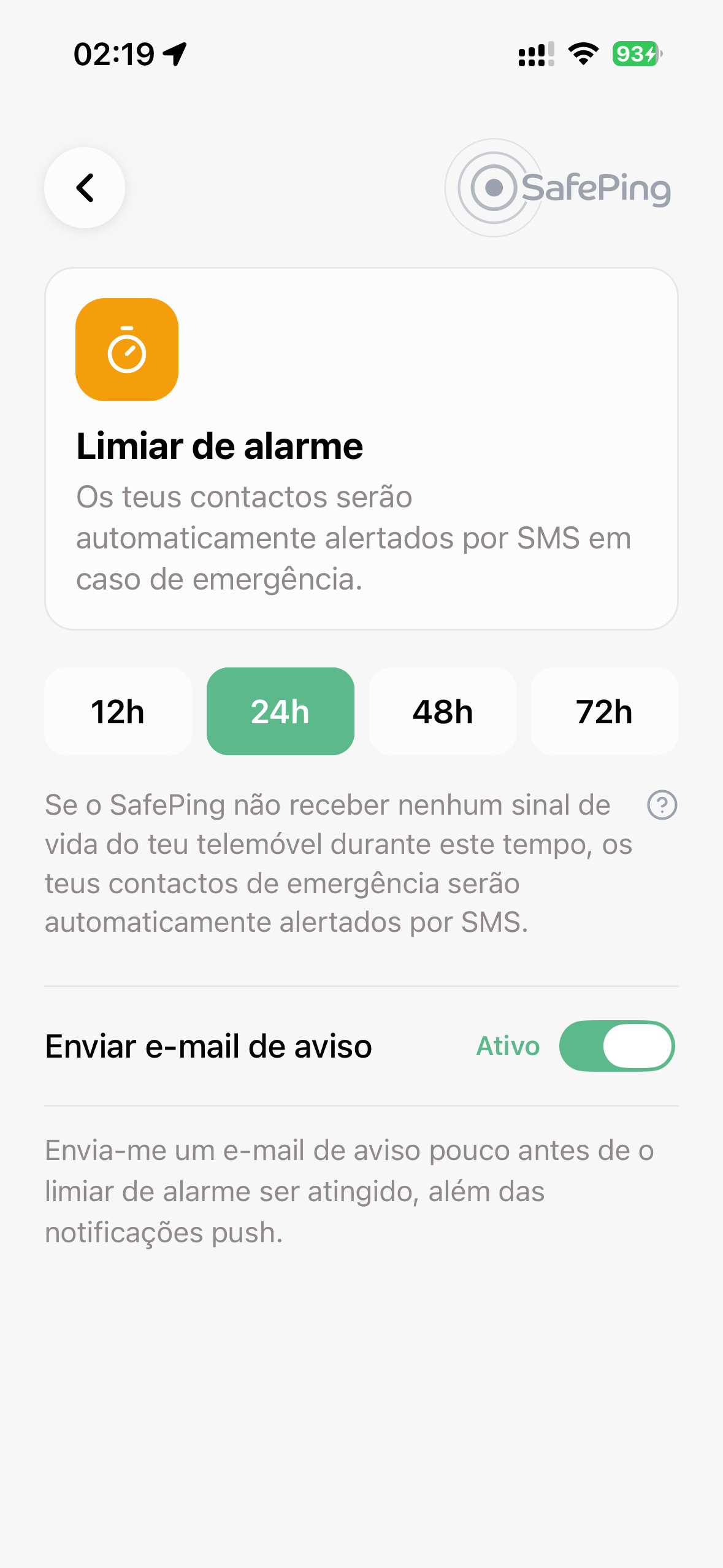 SafePing — Limite de alarme