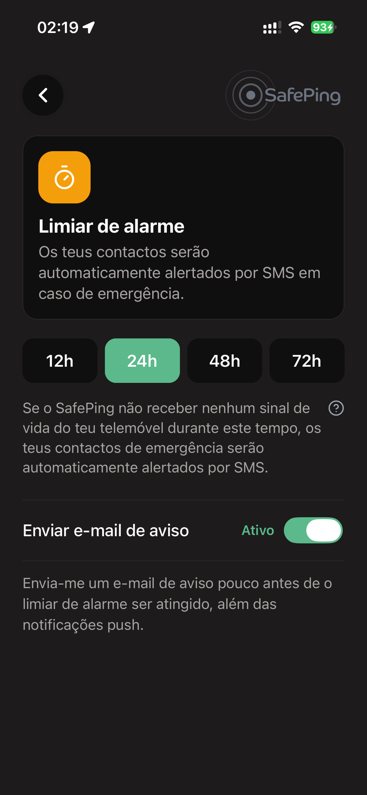 SafePing — Limite de alarme