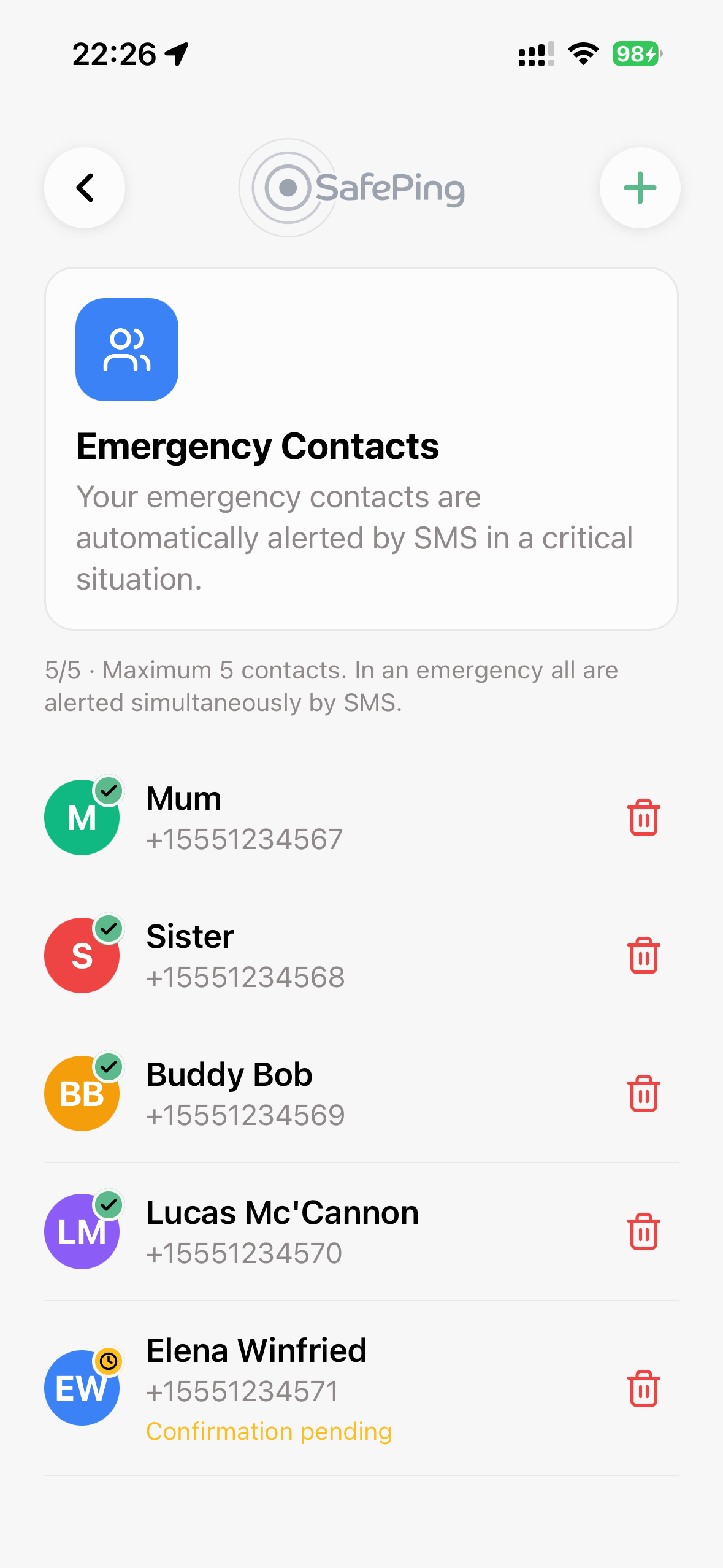 SafePing — Emergency Contacts