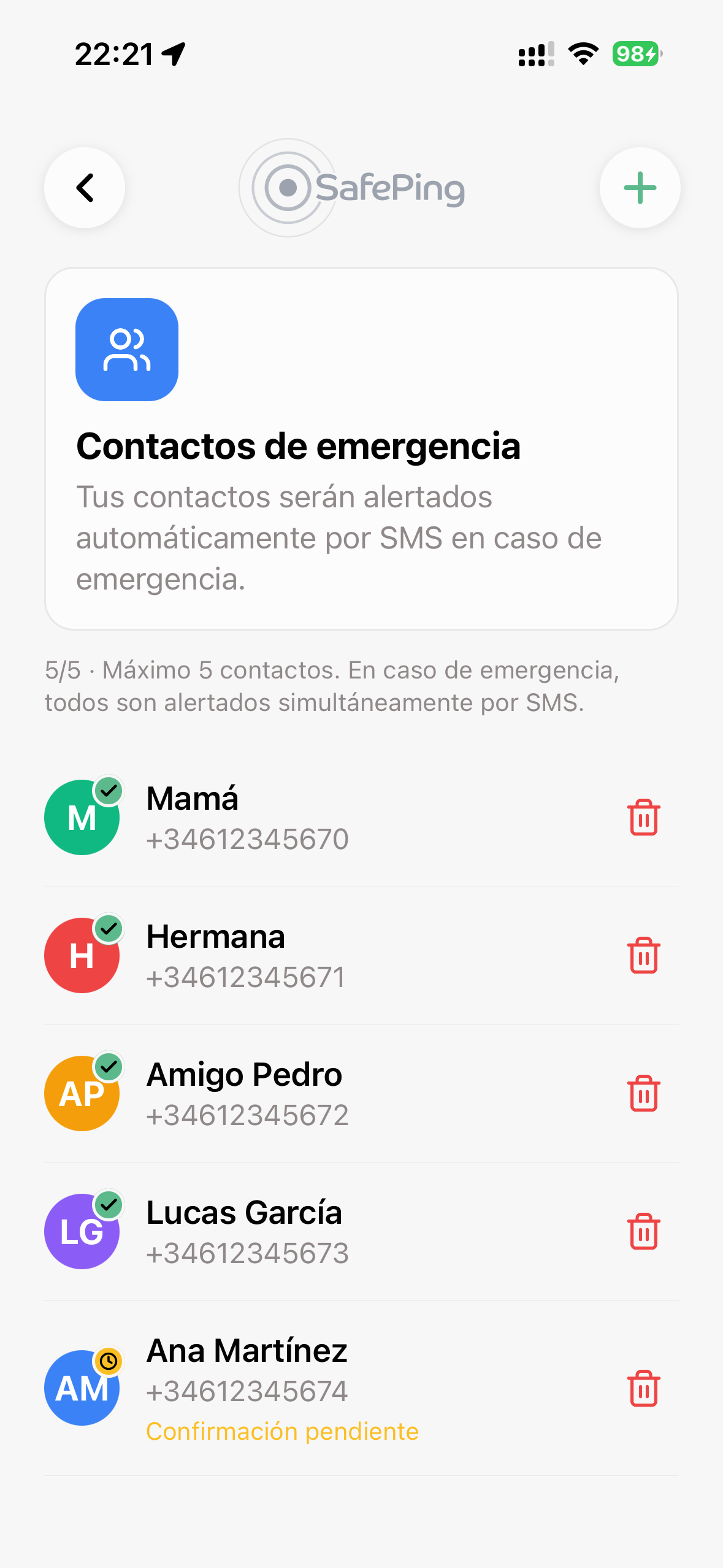 SafePing — Contactos de emergencia
