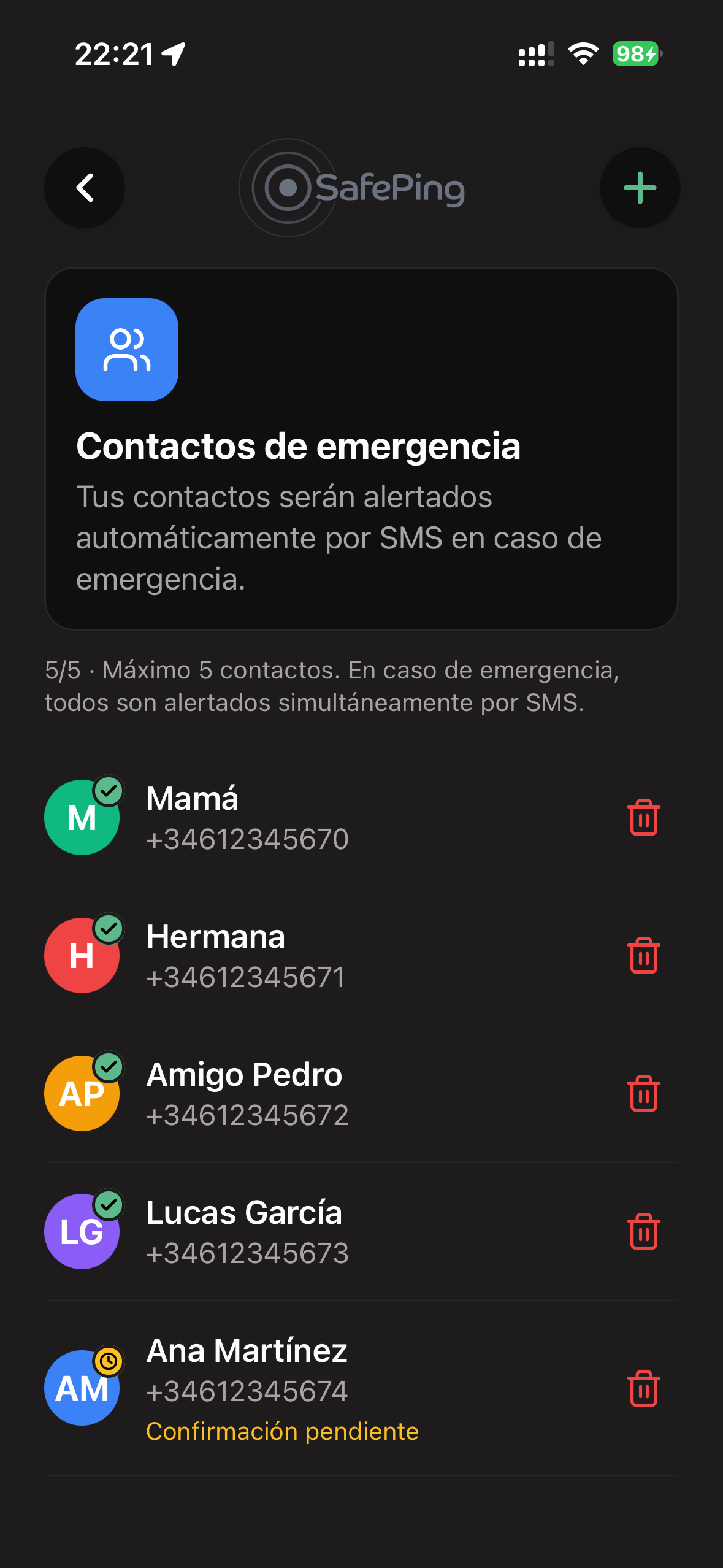SafePing — Contactos de emergencia