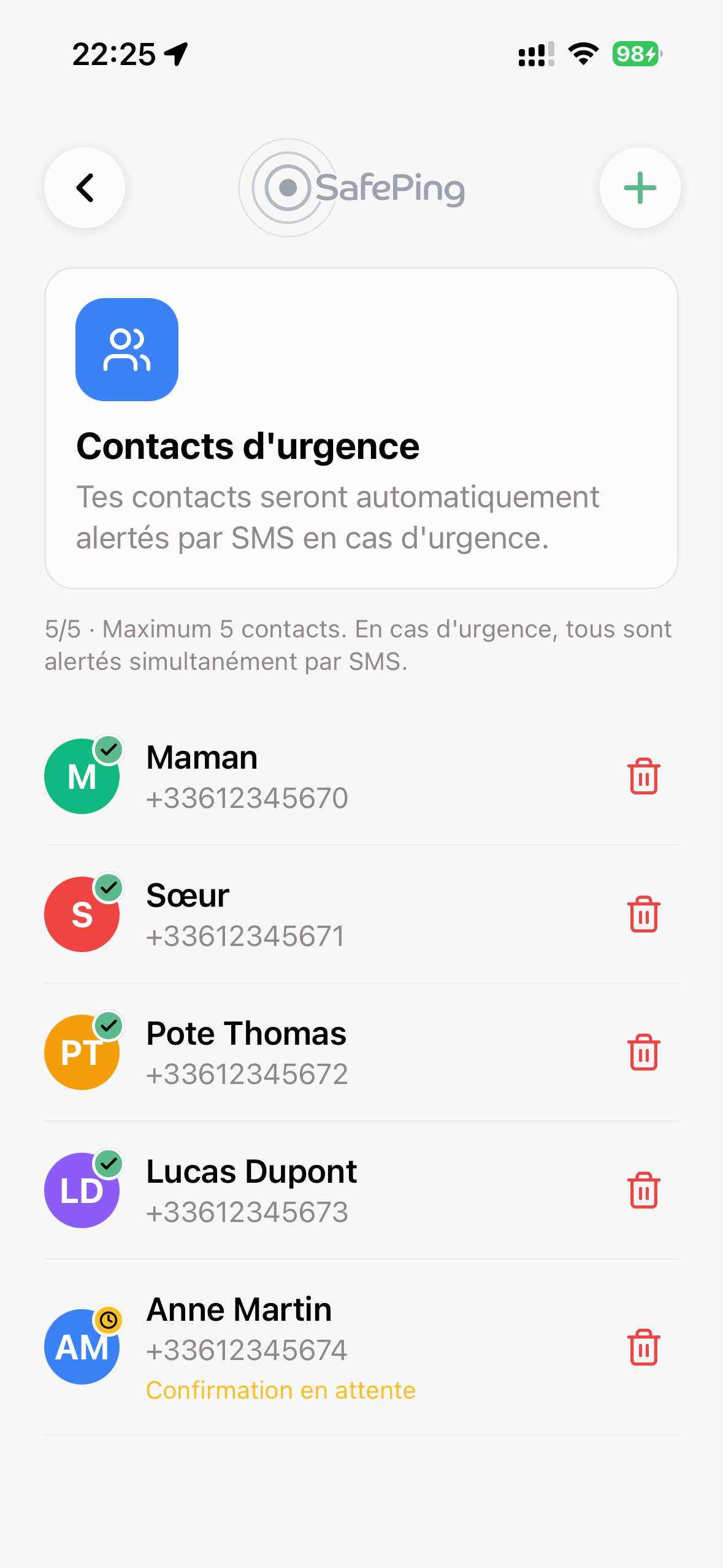 SafePing — Contacts d'urgence