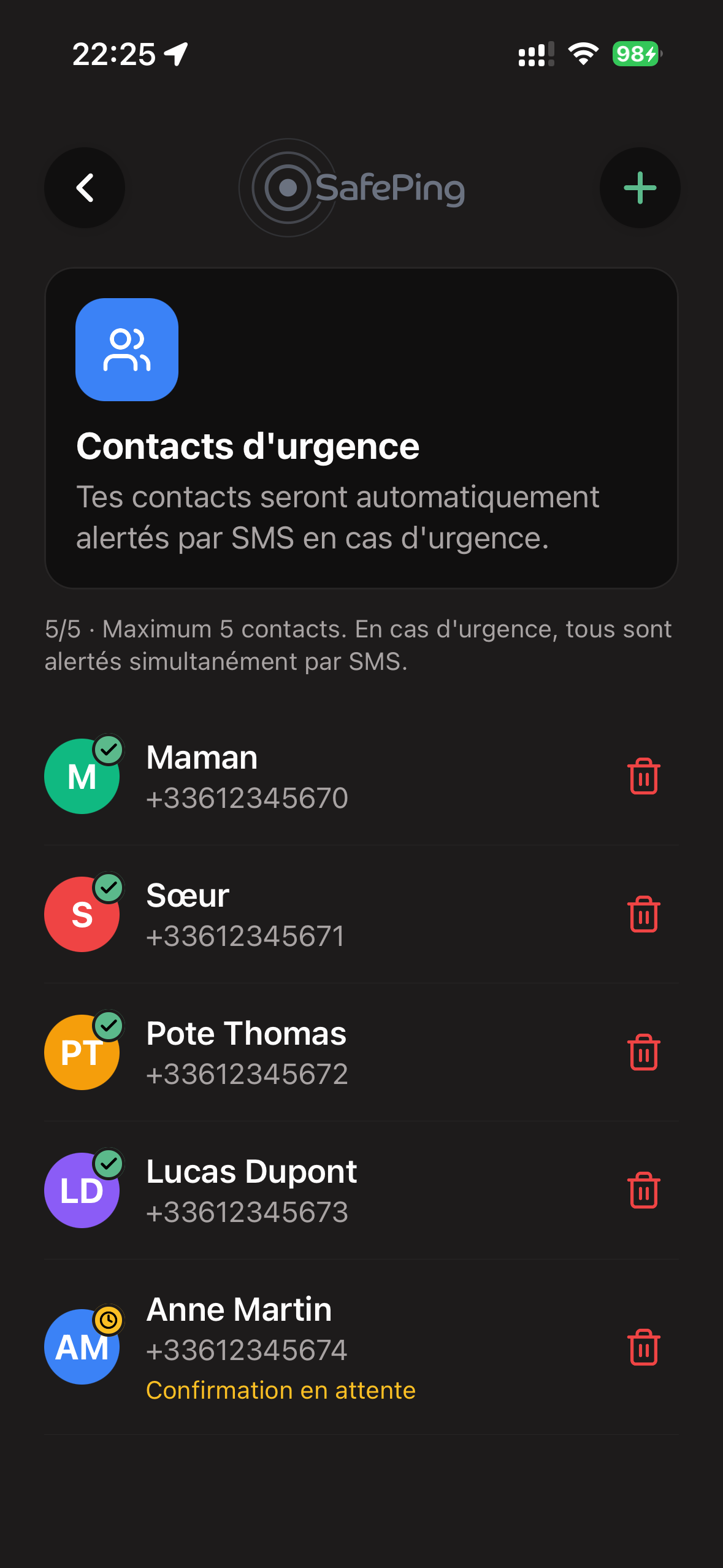 SafePing — Contacts d'urgence