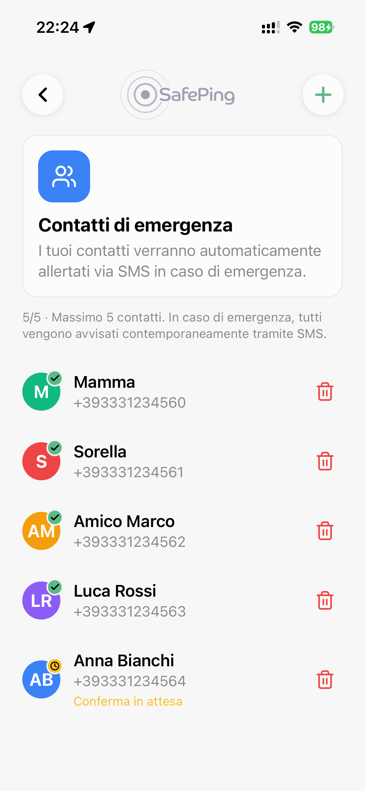 SafePing — Contatti d'emergenza