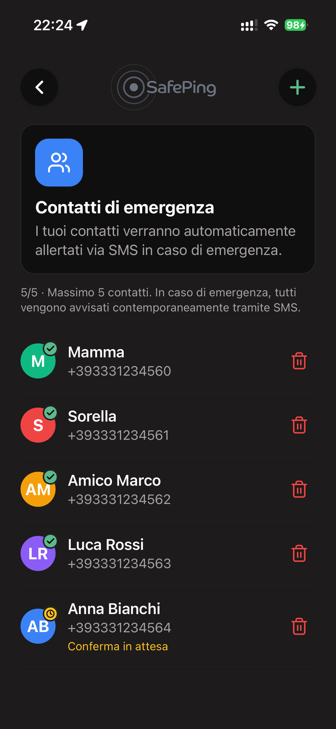 SafePing — Contatti d'emergenza