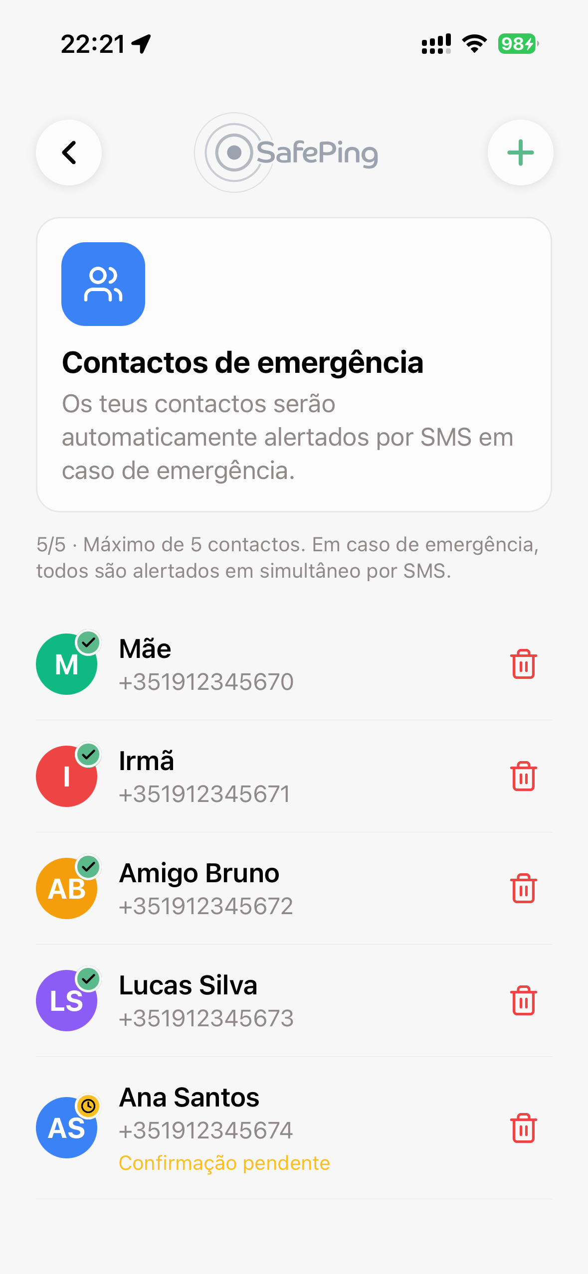 SafePing — Contatos de emergência