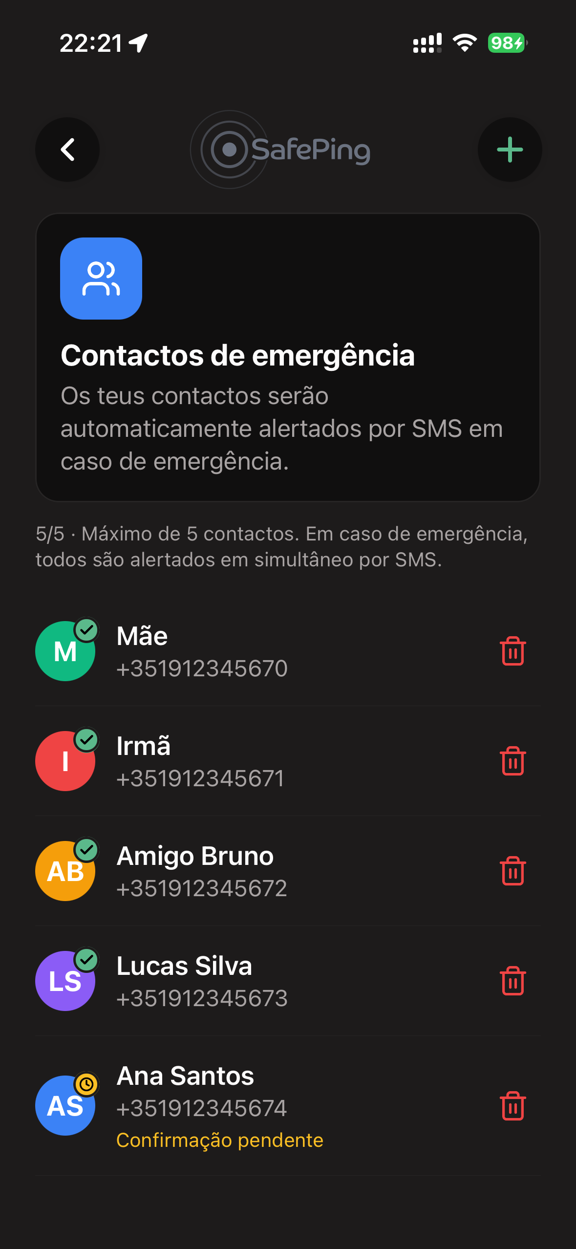 SafePing — Contatos de emergência