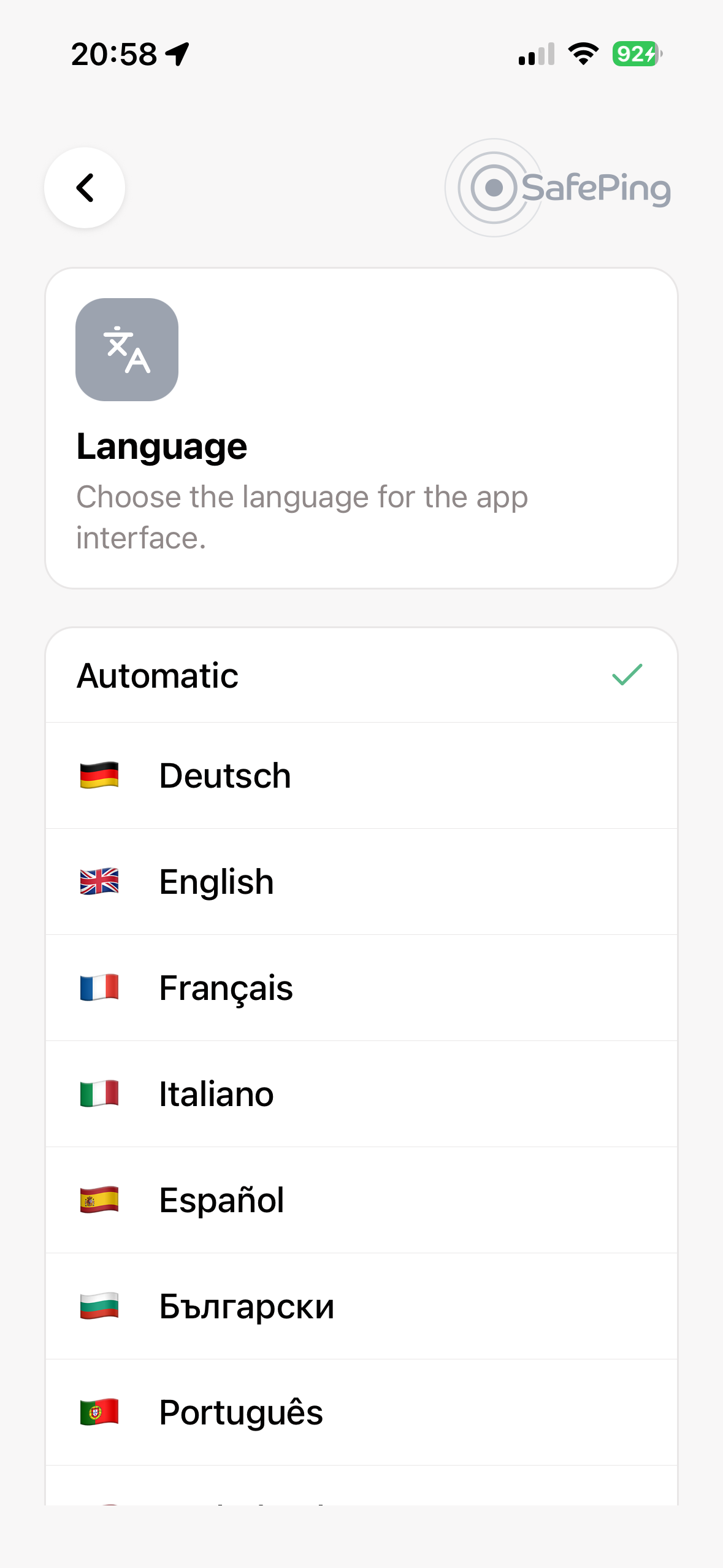 SafePing — Language selection