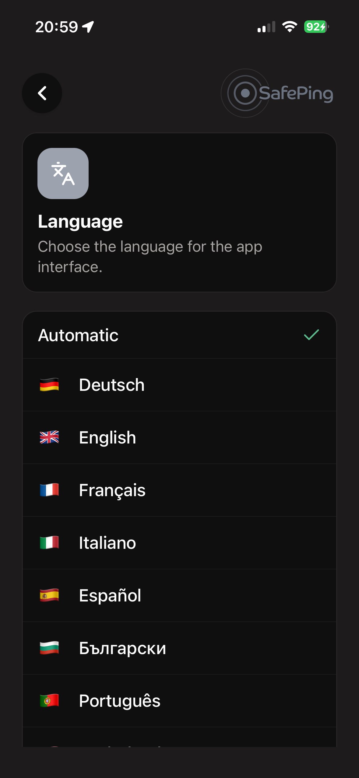SafePing — Language selection