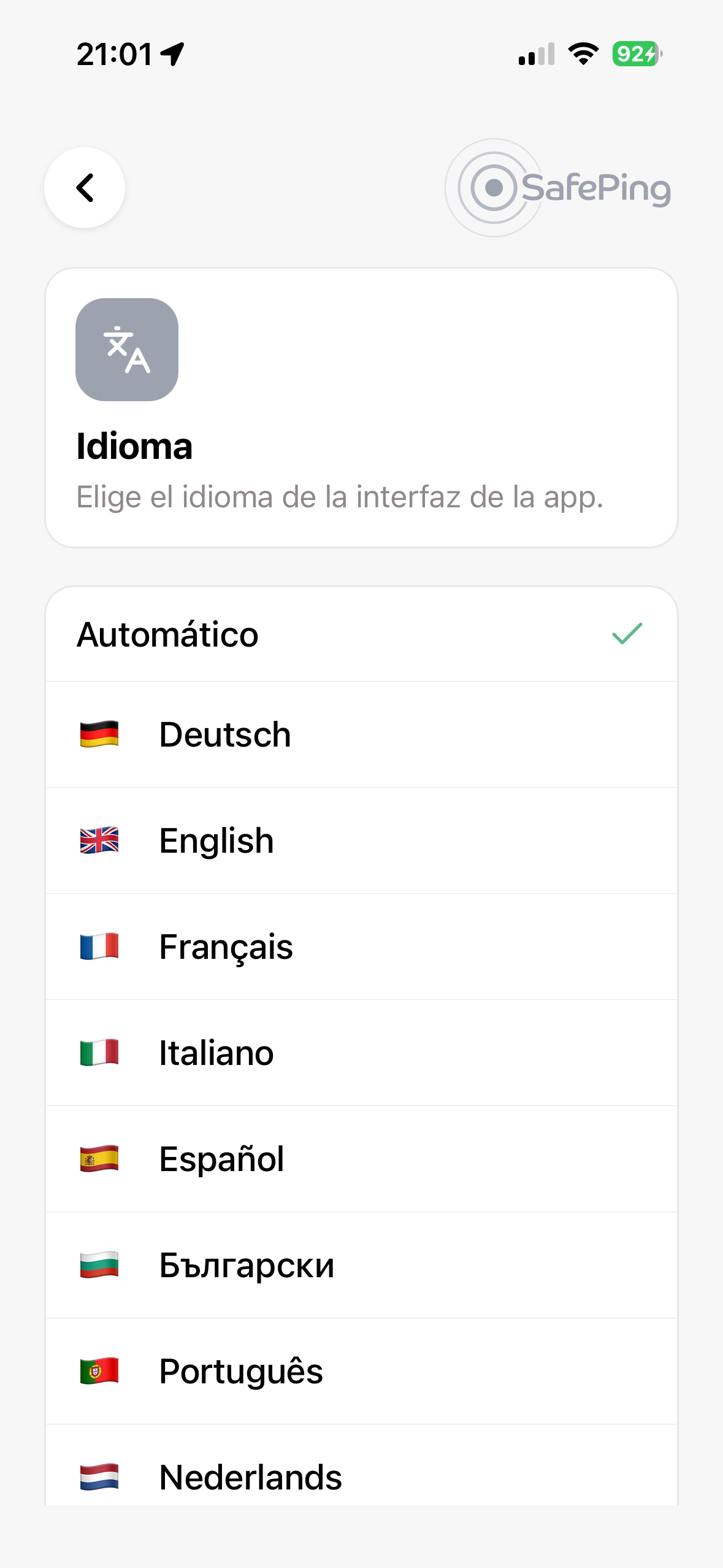SafePing — Selección de idioma