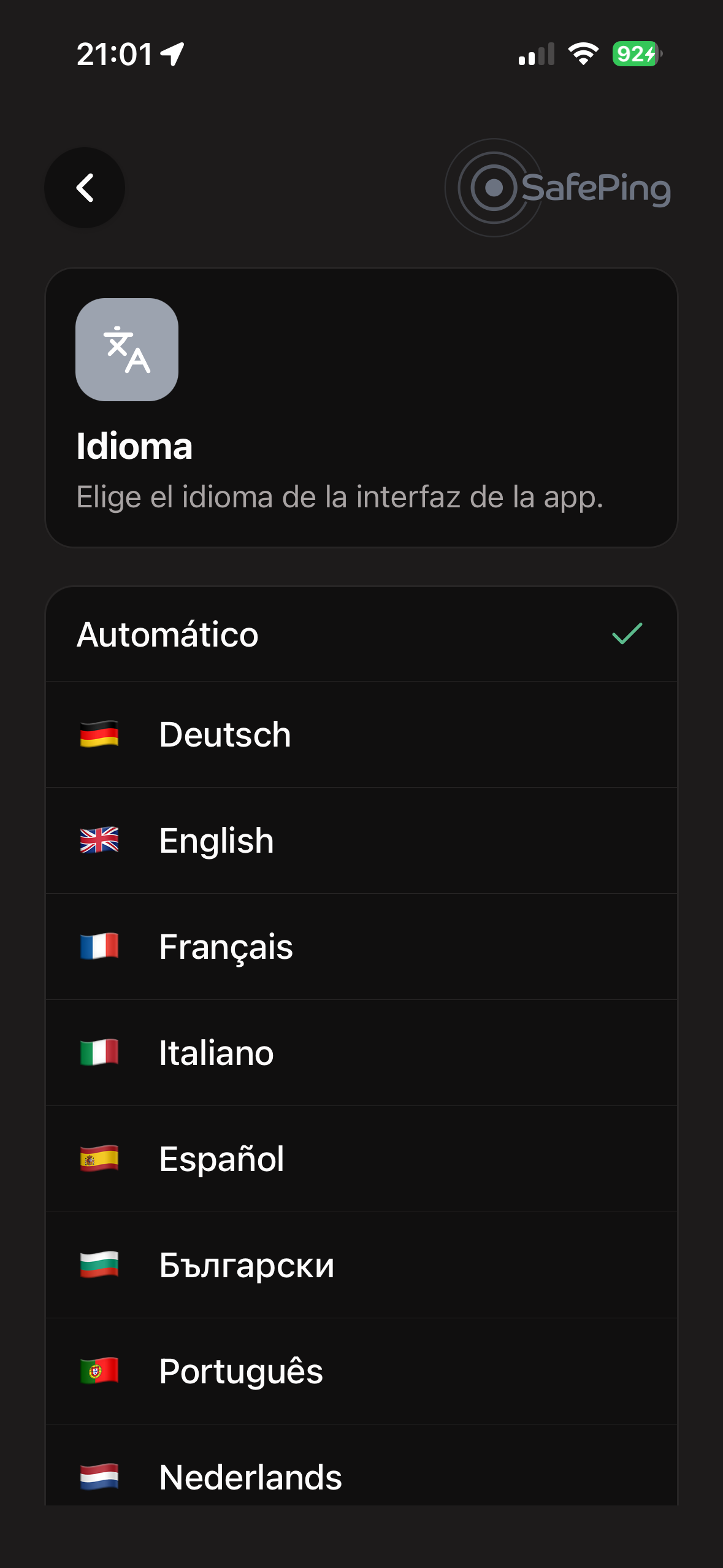 SafePing — Selección de idioma