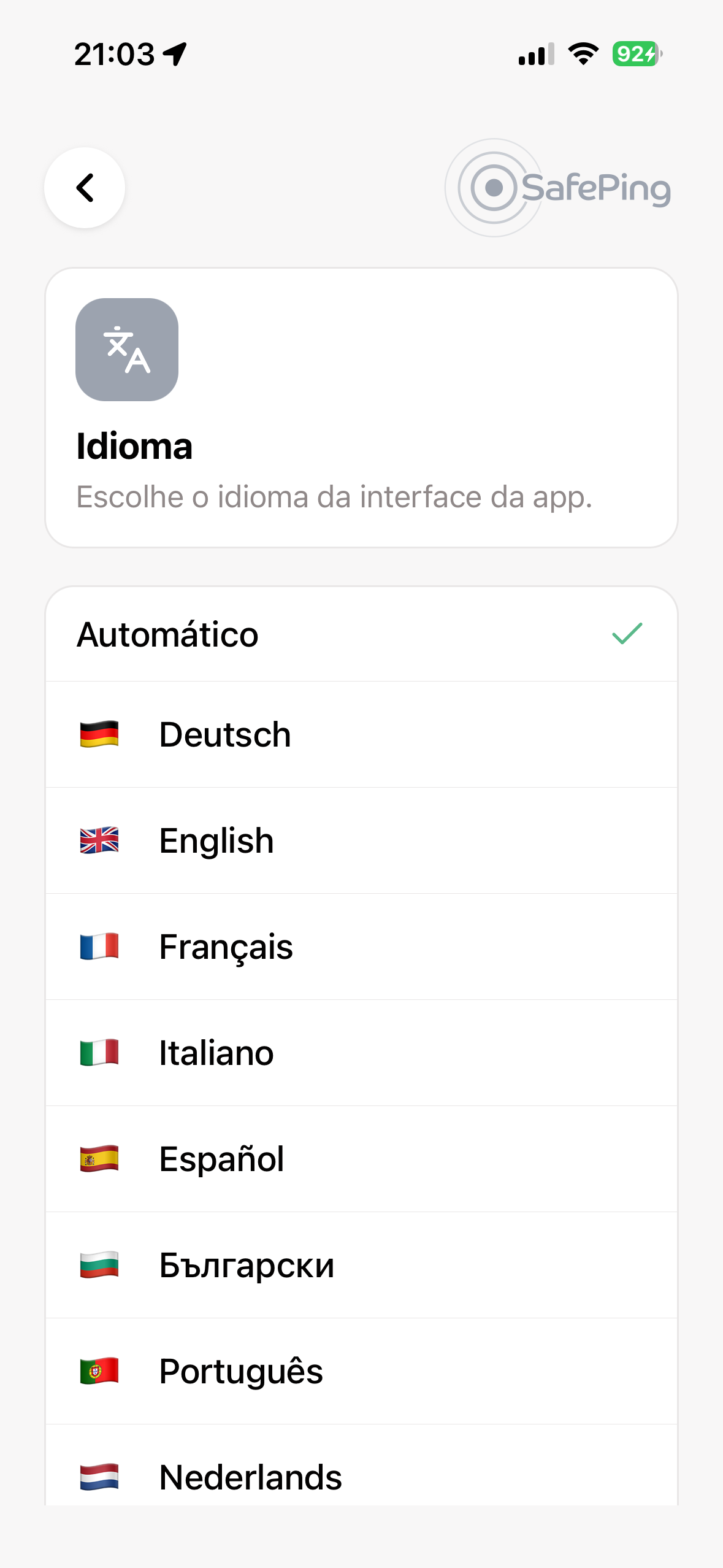 SafePing — Seleção de idioma