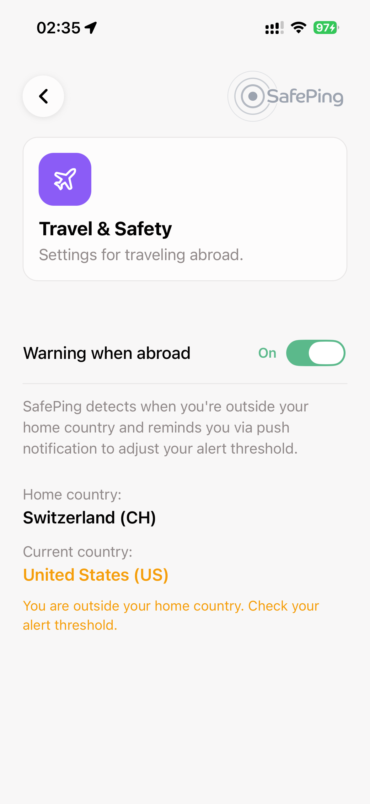 SafePing — Travel Mode