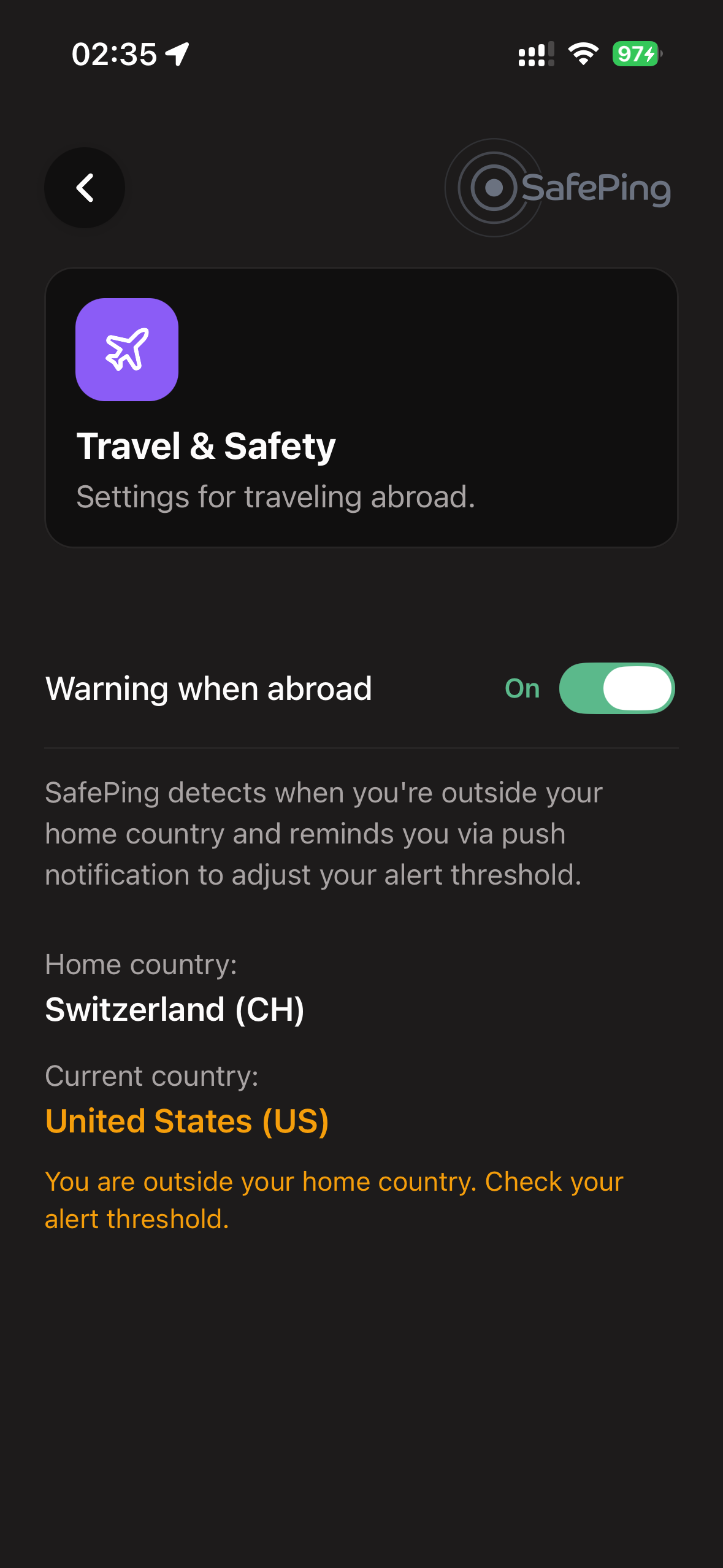 SafePing — Travel Mode