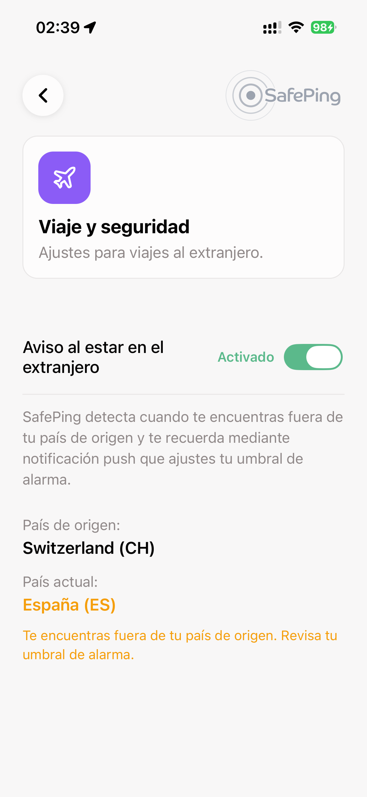 SafePing — Modo Viaje