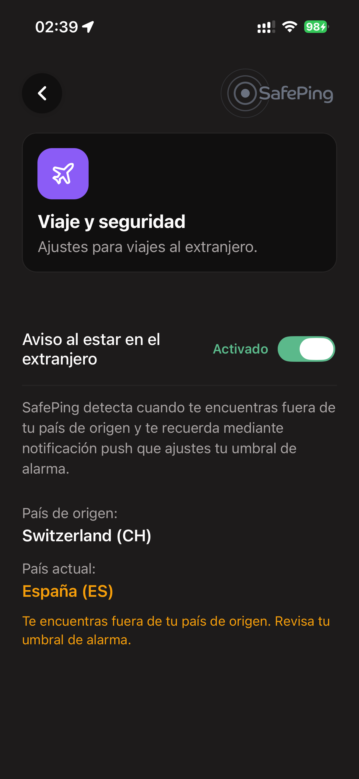 SafePing — Modo Viaje