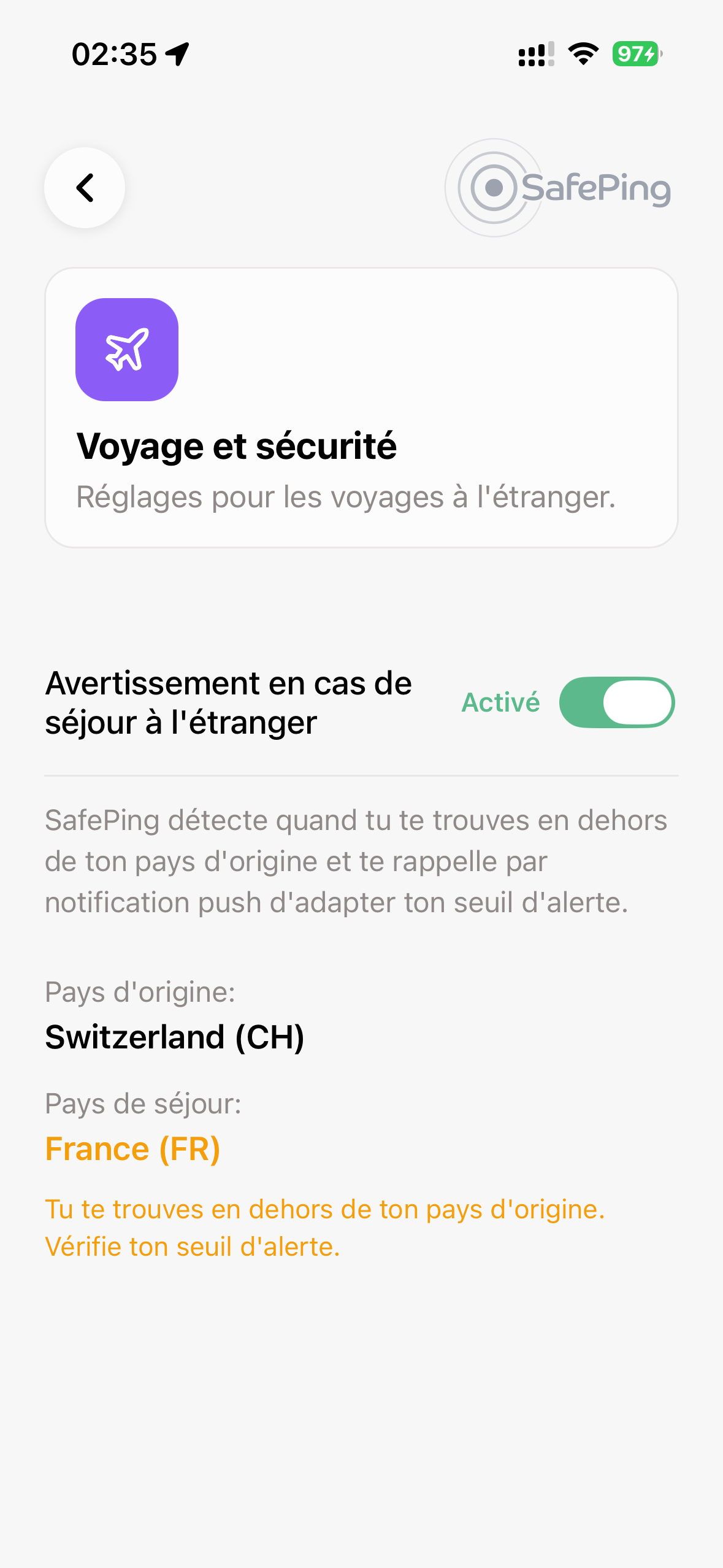 SafePing — Mode Voyage