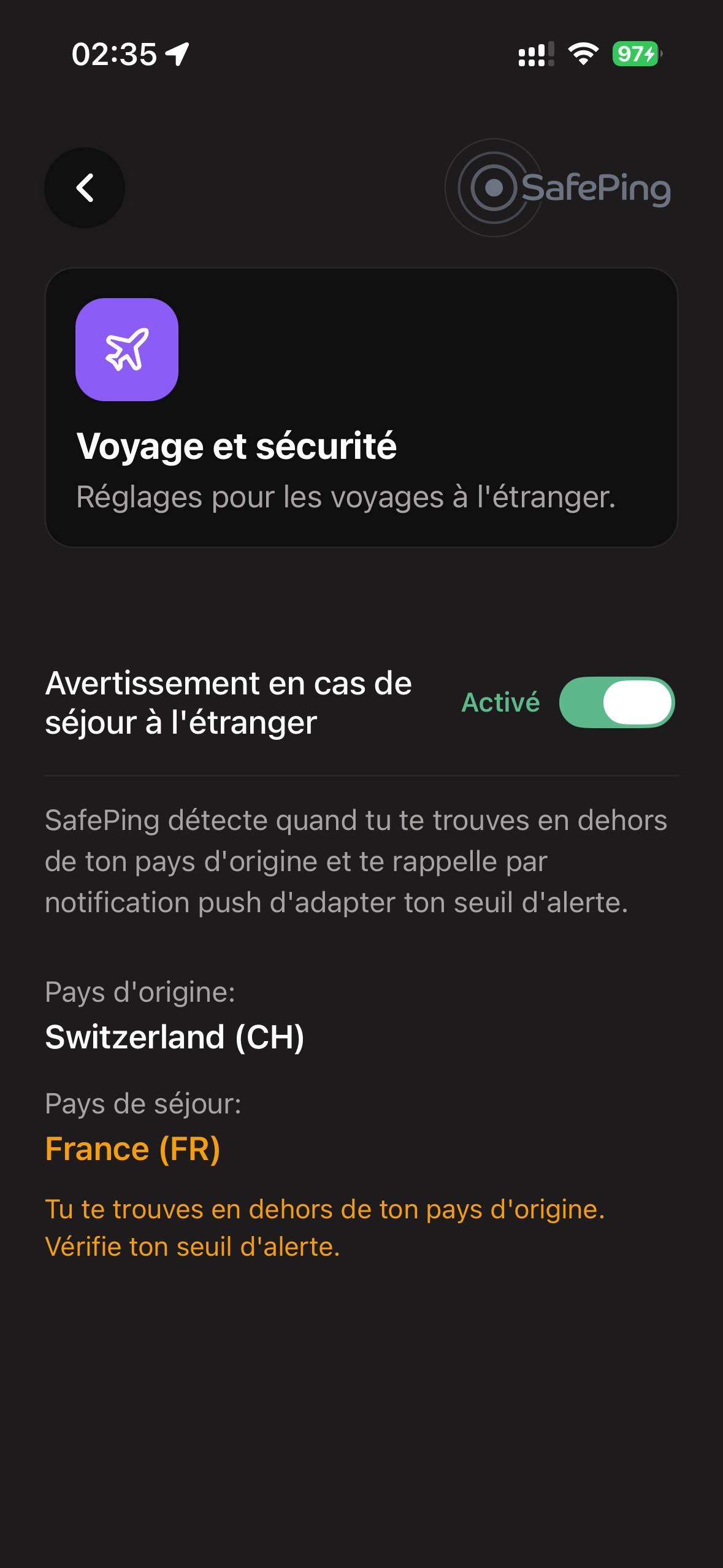SafePing — Mode Voyage