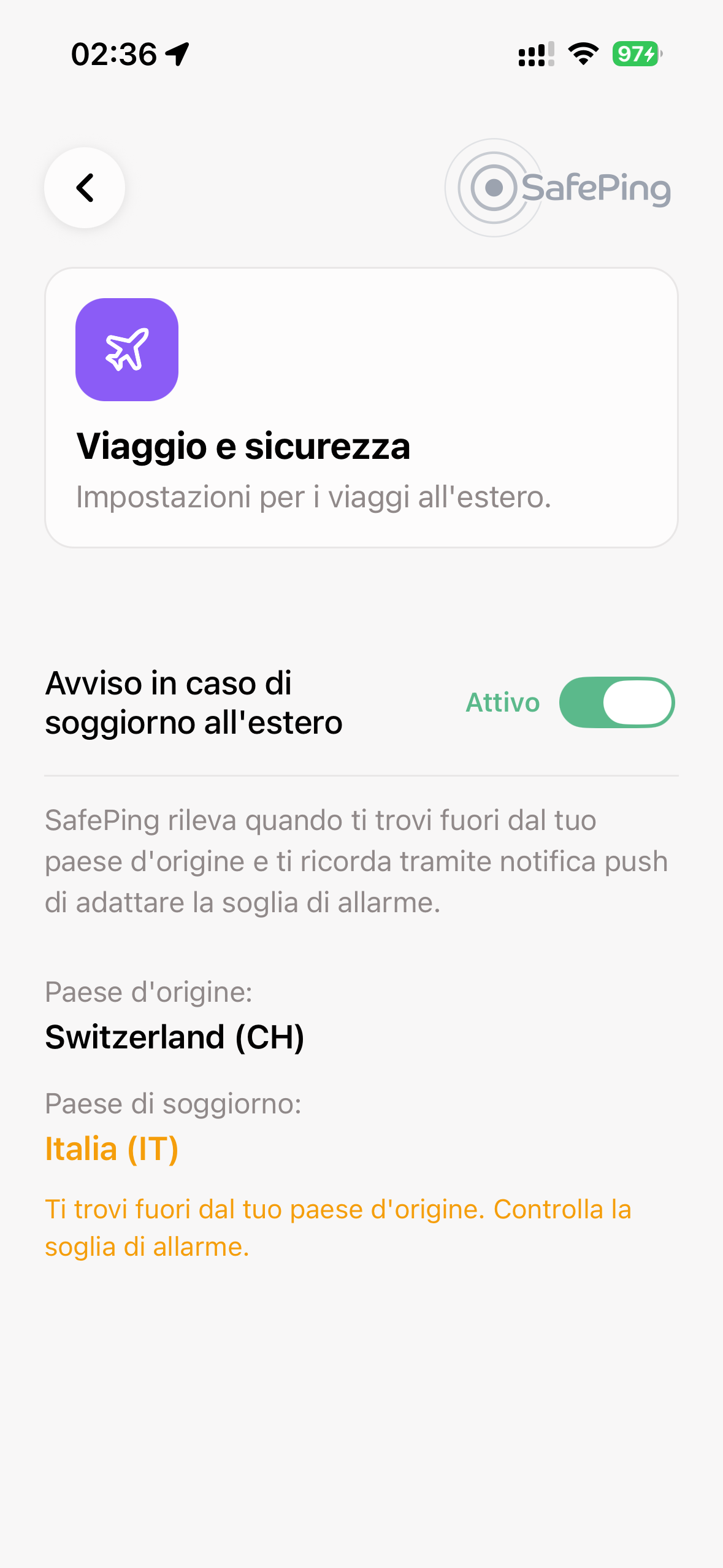 SafePing — Modalità Viaggio