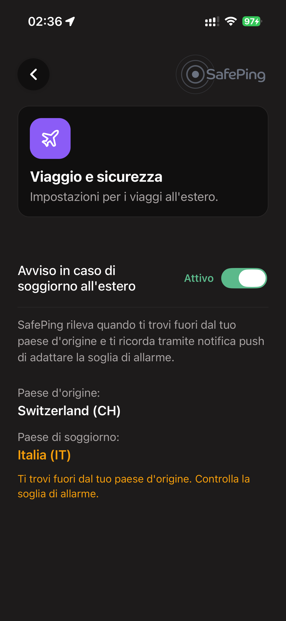 SafePing — Modalità Viaggio