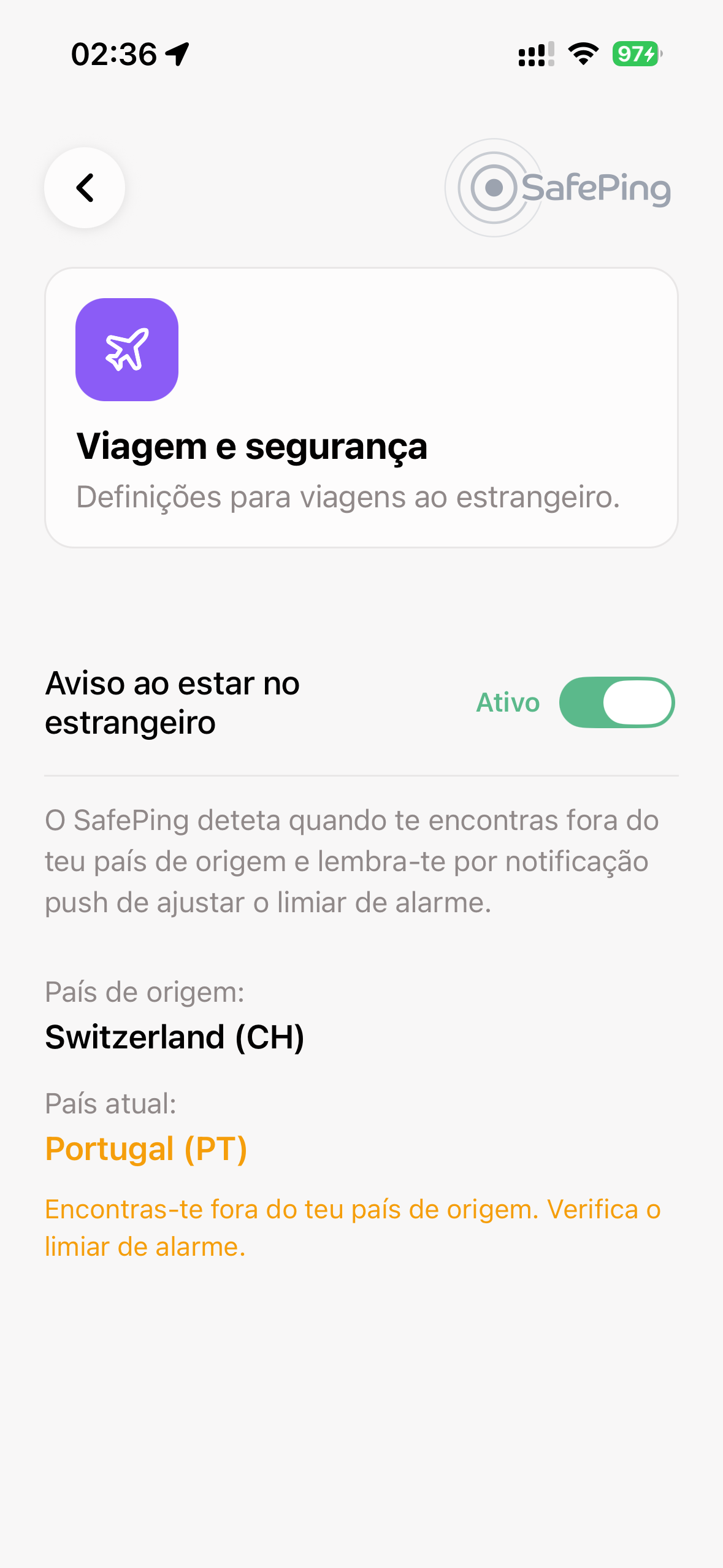 SafePing — Modo Viagem