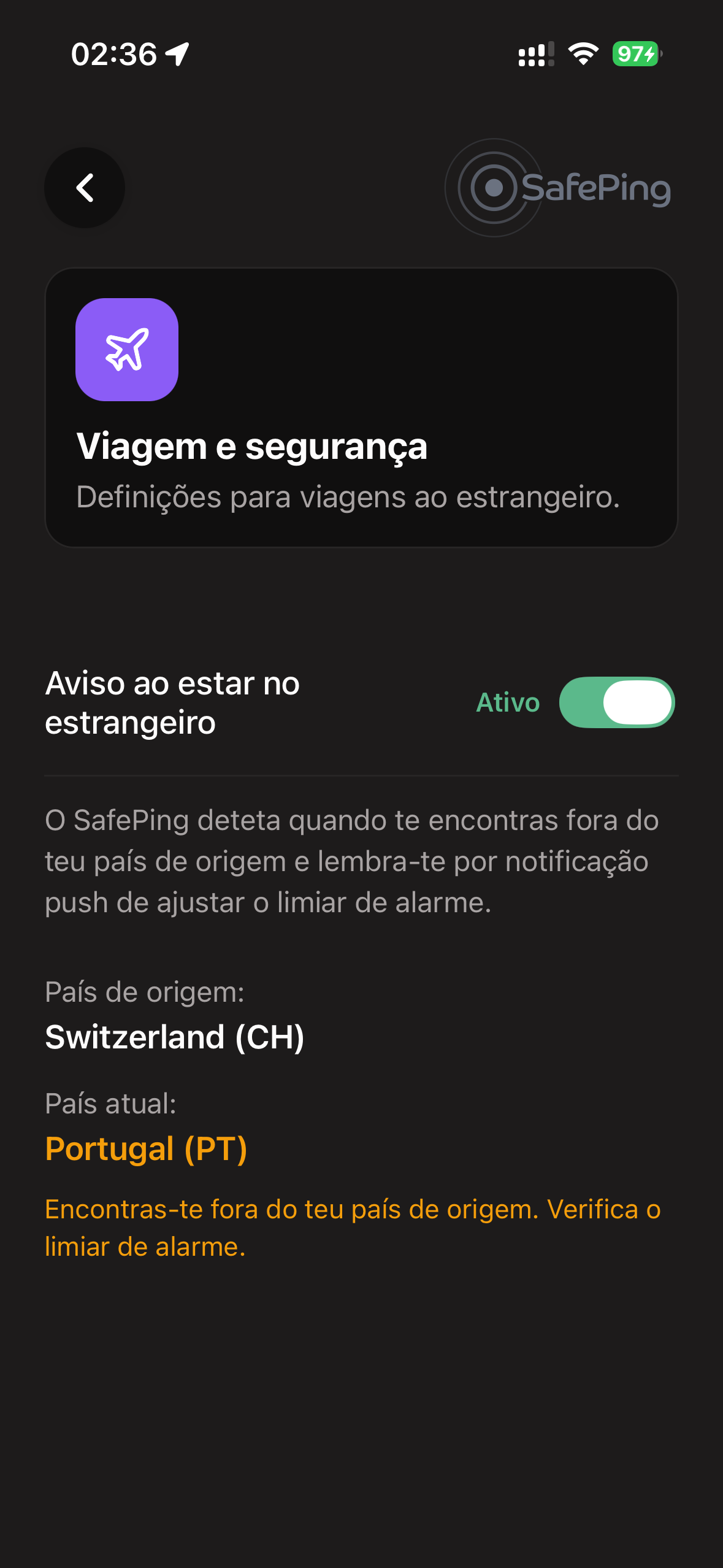 SafePing — Modo Viagem